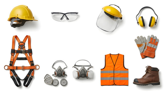 Essential industrial safety equipment and protective gear collection featuring high visibility vests hard hats heavy duty gloves construction boots respiratory protection and earmuffs for