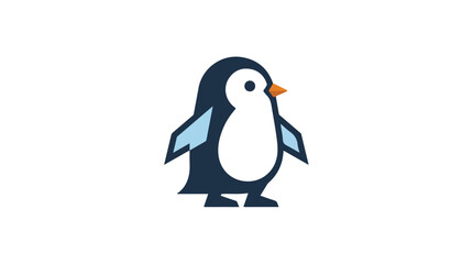Fototapeta premium Penguin character with spread wings and orange beak poses on a plain background for creative projects.