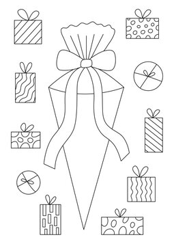 School Cone with Gift Box Coloring Page. German Candy Cone Coloring Book. Outline School Start for Children. Back to School Vector Template for Coloring Drawing