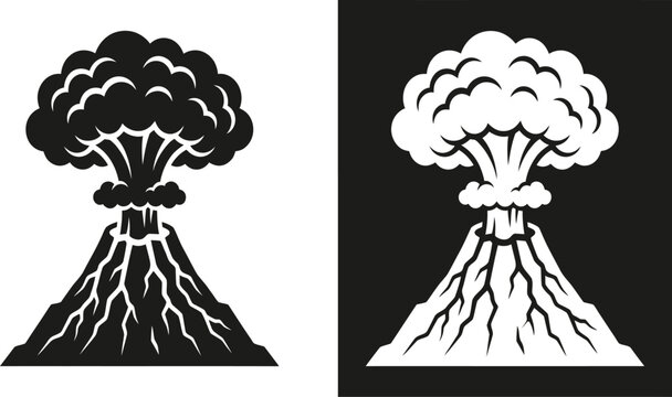 Volcano Eruption Vector Icon Set, Minimalist Black and White Mountain Explosion with Mushroom Cloud Smoke, Geological Disaster Illustration for Logos and Design Projects.