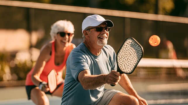 Active Senior Couple Playing Pickleball on Outdoor Court, Healthy Aging, Retirement Fitness, Recreational Sport, Exercise, Teamwork and Energetic Lifestyle for Older Adults