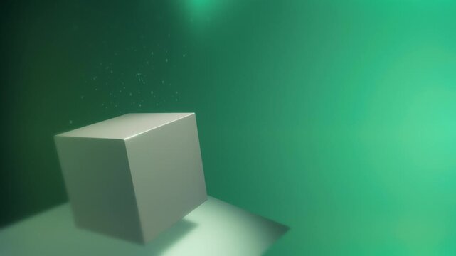 Perfect infinite loop of a white 3D cube gently rotating and floating in a dark studio. Green and teal gradient lighting with tiny particles creates a calm, fresh atmosphere for tech intros