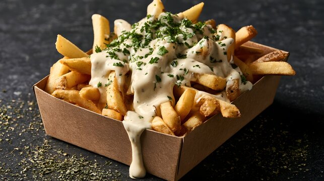 Loaded French Fries with Creamy Melted Cheese Sauce and Fresh Herbs in Takeaway Box, Crispy Fast Food Snack, Restaurant Street Food, Comfort Meal and Cheesy Potato Fries Concept