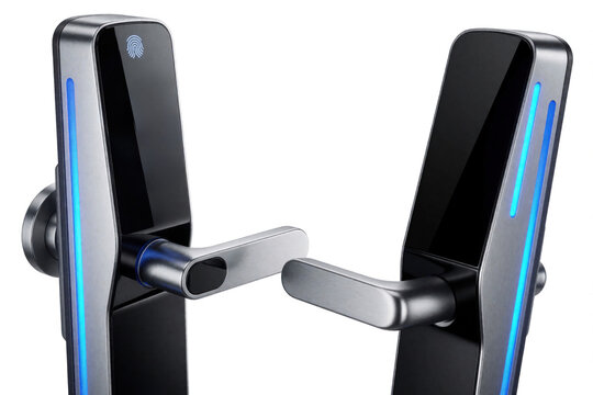 Modern smart door lock hardware displays keypad and fingerprint reader on white background. Digital access system offers secure home entry control.