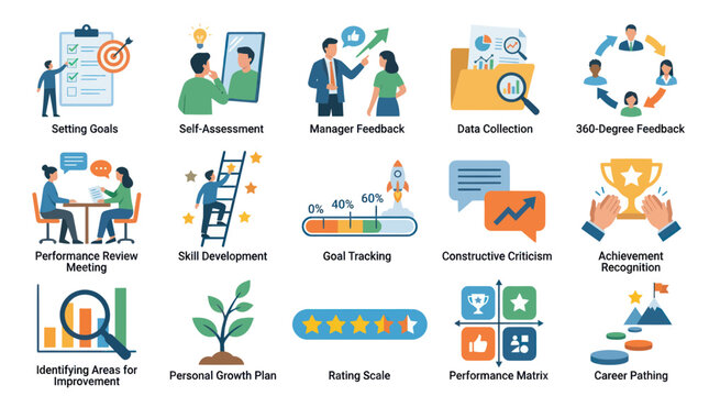 Flat Vector Icons: Business Performance, Goals, Career Path, Feedback, Development