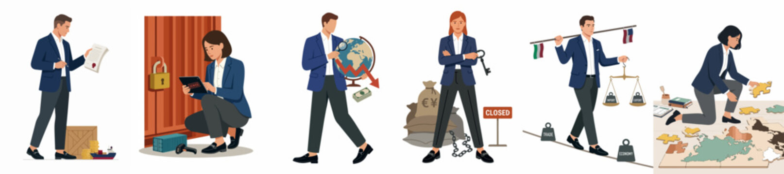 Set of flat vector illustrations representing business, global trade, logistics, and economic concepts with diverse professional characters.