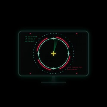 Digital radar screen interface with target tracking and location data on a dark background