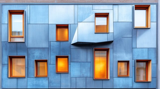 A striking ceramic facade system adorns an urban residential building at dusk, with warm lights glowing from the balconies, highlighting modern design elements and materials.