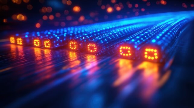 Multicolored fiber optic cables glowing softly in a dark setting represent high-speed internet and advanced data transmission technology
