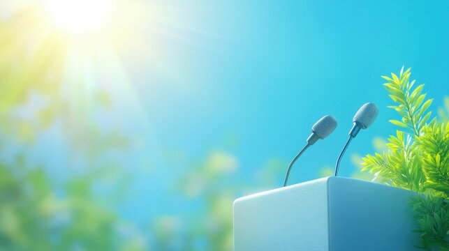 Three microphones stand among bright flowers in a lush, green outdoor environment, capturing a cheerful ambiance under the warm sunlight