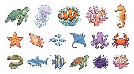Obraz premium Colorful Underwater Sea Creatures and Marine Life Illustration Set