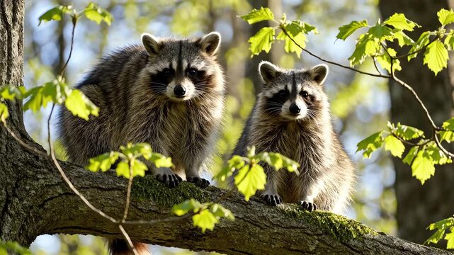 Wild raccoons sitting on tree branch in forest