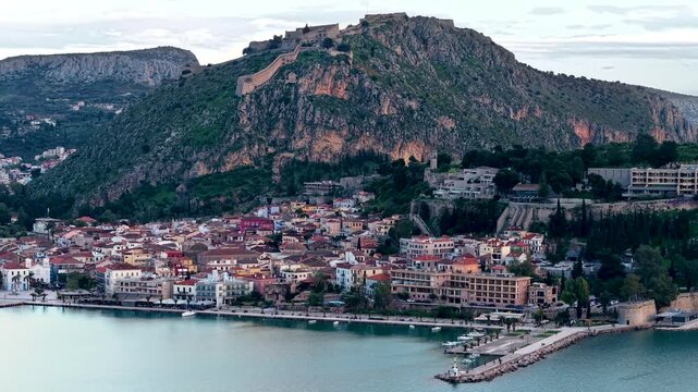 Aerial of Nafplio Old Town, Waterfront, Peloponnese, Greece