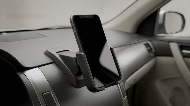 Smartphone mounted on a car dashboard holder inside a vehicle