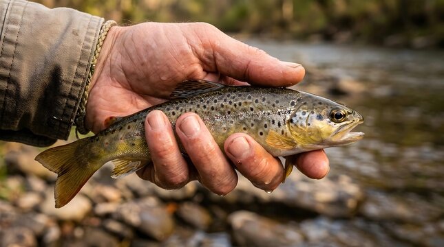Angler holding a freshly caught speckled trout by a flowing mountain stream