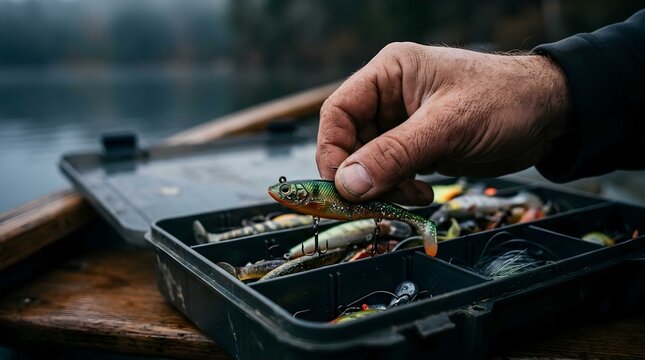 Angler holding colorful artificial bait near open tackle box on boat