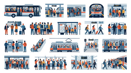 Fototapeta premium Public Transportation and Commuters Flat Vector Illustration. People Traveling by Bus, Train, Subway, and Tram in Urban Settings.