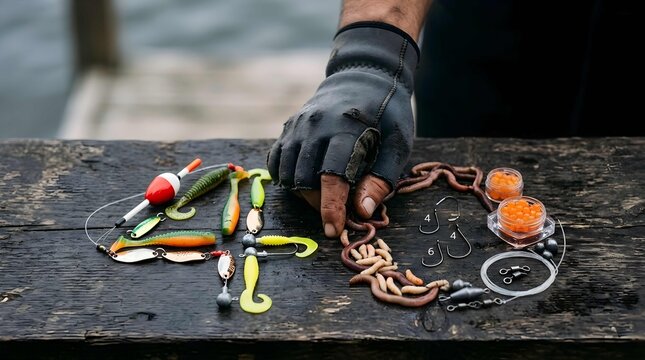 Angler preparing colorful soft plastic lures and bait on wooden pier