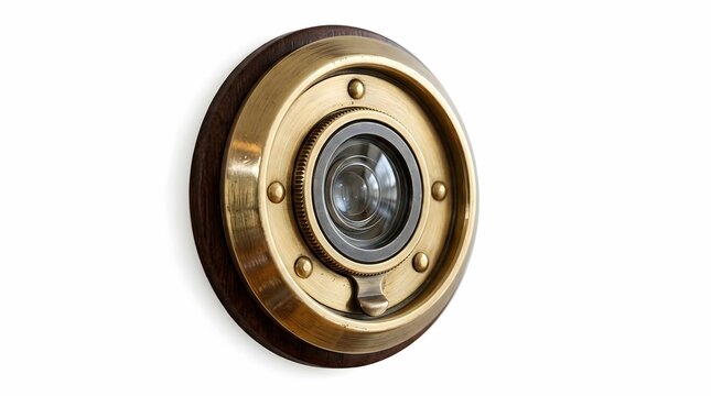 Antique Brass Door Peep Hole Viewer Mounted on Dark Wood Circular Base