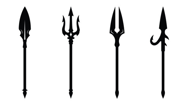 Spear silhouette collection featuring medieval tridents, lances, and polearms isolated on a solid white background for fantasy game design assets.