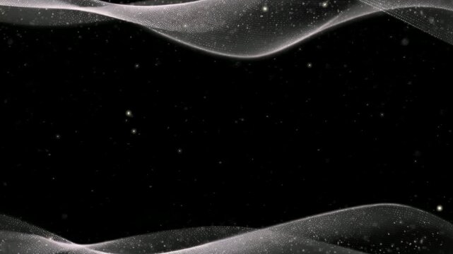 Exploding pink fireworks over snowy landscape at night with sparkling stars with video wide panoramic dotted tiny stars