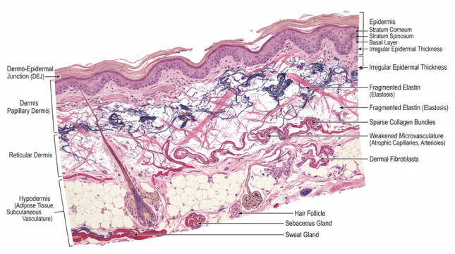 Microscopic cross-section of human skin layers with anatomical labels and tissue structure.