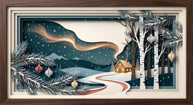 Magical Winter Wonderland Landscape in Layered Shadow Box Paper Cut Style with Glowing Cabin