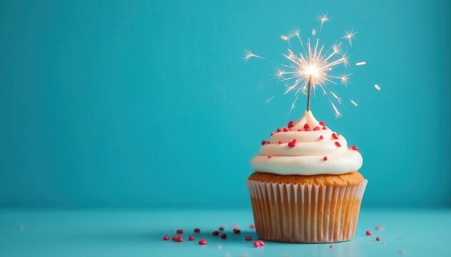 Single sparkler atop a cupcake, blue wall background, glow stick, cupcake, birthday
