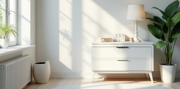 White commode, minimalist lamp, books Bright, airy room , interior, white furniture