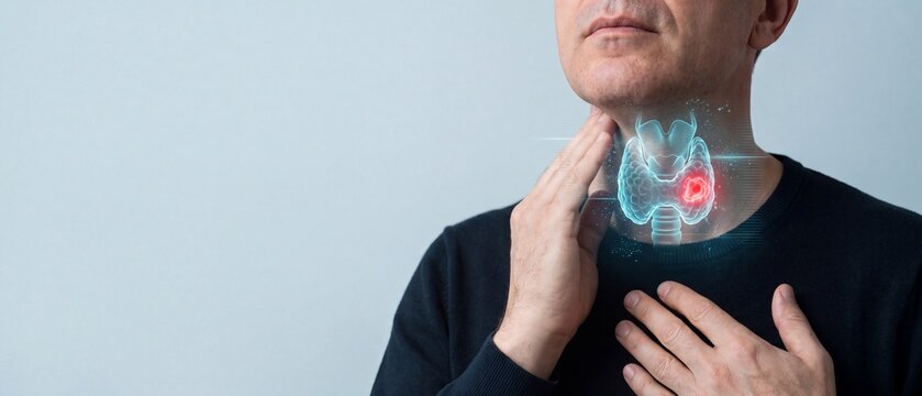 Health Tech Concept of Male Patient with Thyroid Nodule or Cancer, Digital Diagnostic Illustration of Neck Pain and Inflamed Thyroid Gland