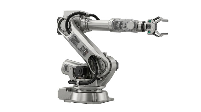 Industrial robotic arm for automated manufacturing. Silver mechanical robot manipulator, high-tech factory automation equipment. isolated PNG with Transparent Background