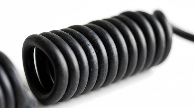 Black coiled rubber cord isolated on white background