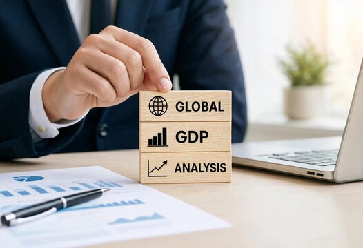 Professional analyzing global GDP growth with wooden blocks and business documents on office desk