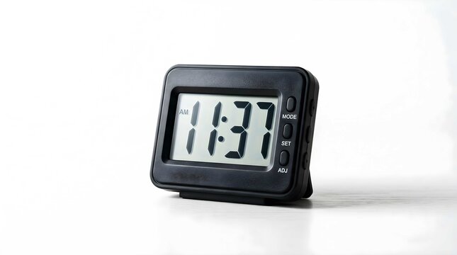 Black digital desk clock displaying time on a white isolated background
