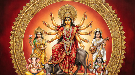 Fototapeta premium Durga maa with ganesha, lakshmi, saraswati, and kartikeya on bull in circular frame.