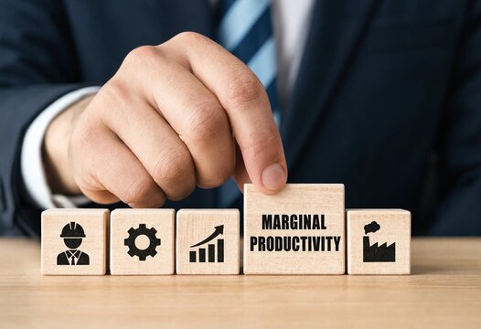 Professional hand pushing block labeled marginal productivity in business strategy illustration