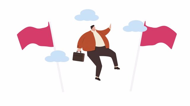 Businessman celebrating success on a flag pole, achievement and business triumph animation