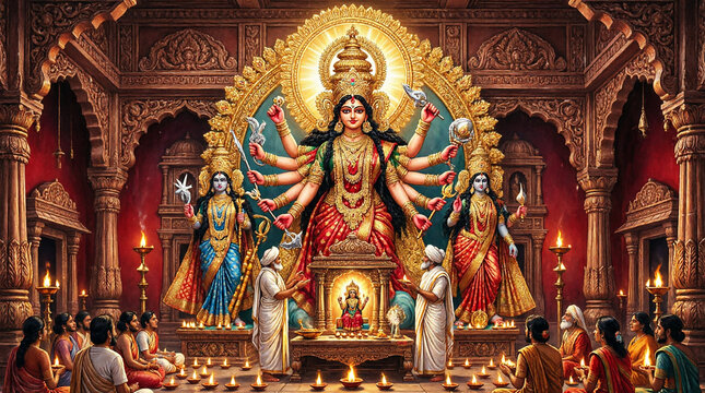Vibrant religious festival celebrating goddess durga in grand temple with devoted congregation.