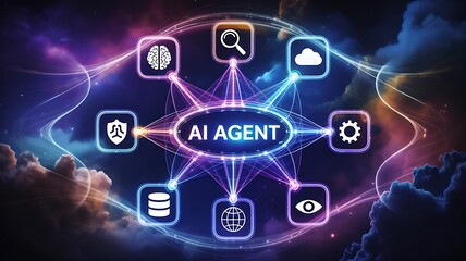 Obraz premium Ai agent network connecting digital services through intelligent cloud technology