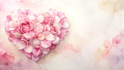 Fototapeta premium 左側に配置したピンクの薔薇の花びらハートとメッセージ用余白の水彩イラスト