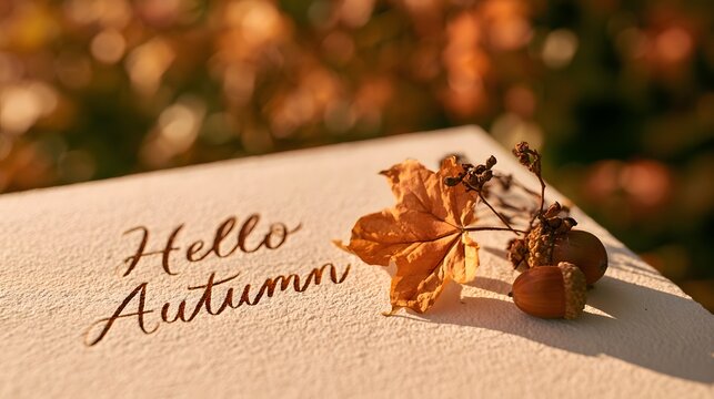 Hello Autumn Greeting with Mini Pumpkins and Dried Fall Leaves on Warm Beige Background, Cozy Seasonal Flat Lay, Rustic Thanksgiving Decor, Fall Harvest, October and November Celebration Concept