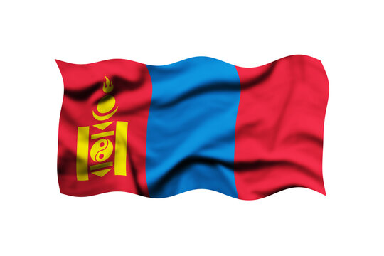Waving Flag of Mongolia Isolated on White Background - Mongolian Soyombo Symbol Banner