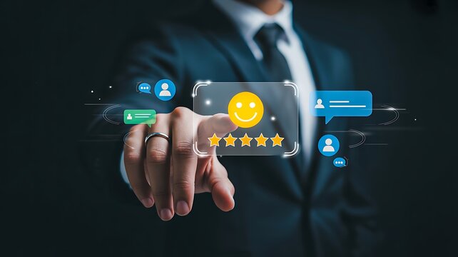 Business customer satisfaction concept with hand selecting five star rating and positive review