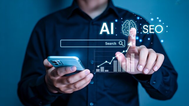 Ai and seo digital marketing concept with smartphone and business analytics interface
