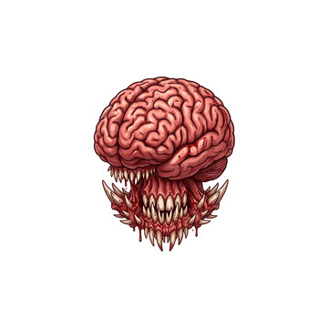 Terrifying bio-mechanical horror creature featuring a massive human brain topping a gaping maw lined with rows of sharp vampire teeth and dripping blood