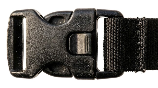 Black plastic side release buckle fastened with woven nylon strap on white