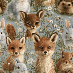 Fototapeta premium Forest animals seamless pattern adorable fox rabbit squirrel hedgehog with flowers on blue background