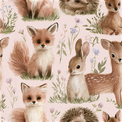 Fototapeta premium Cute forest animals seamless pattern with adorable fox, rabbit, deer, and hedgehog surrounded by soft flowers and grass