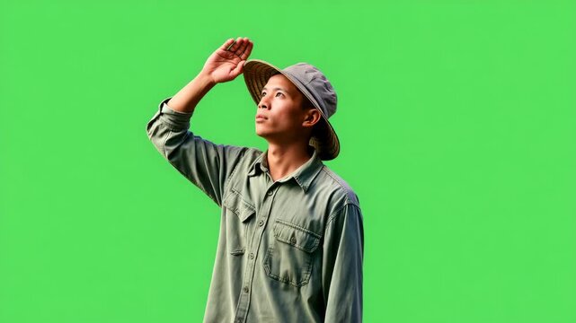 Farmer Shading Eyes Looking at Horizon on Green Screen