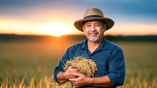 Farmer Holding Bundle of Harvested Grain in Field